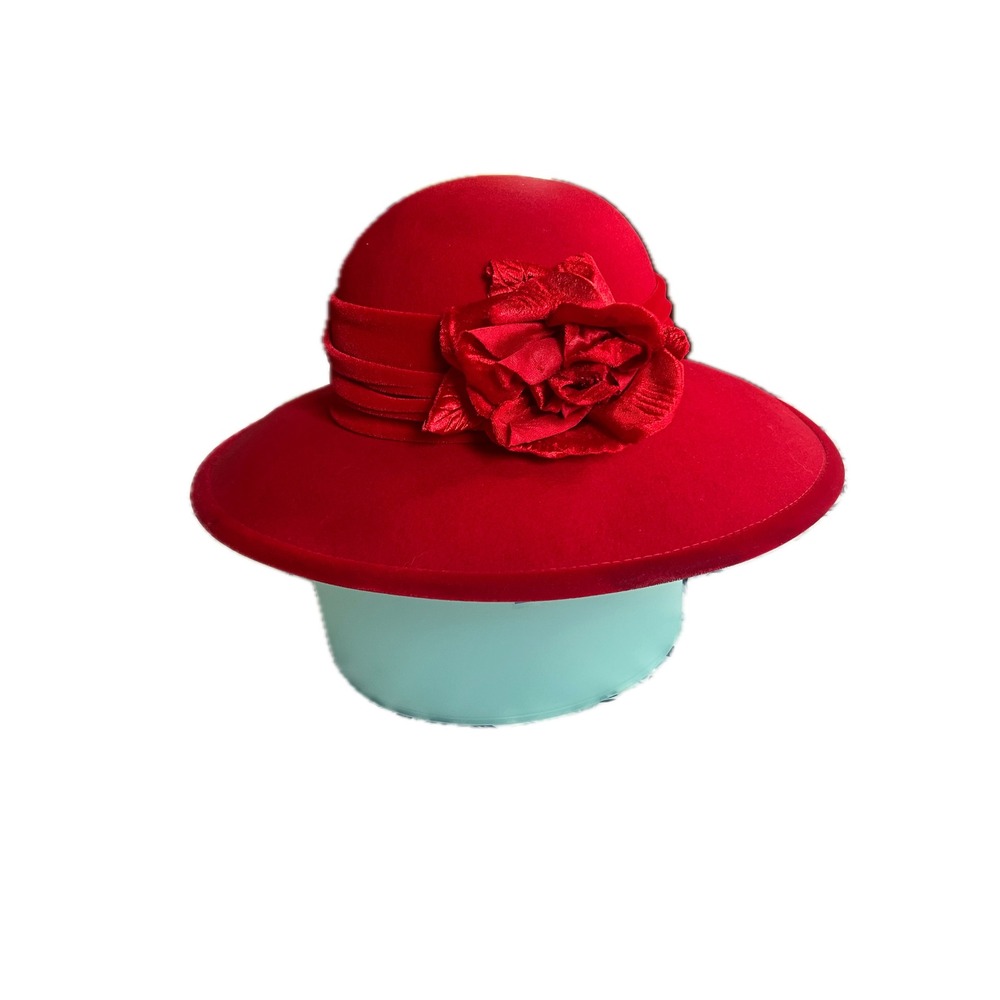 Vintage Red Wool Wide-Brim Hat with Rose Trim Village Hat Shop Chic Winter Fall